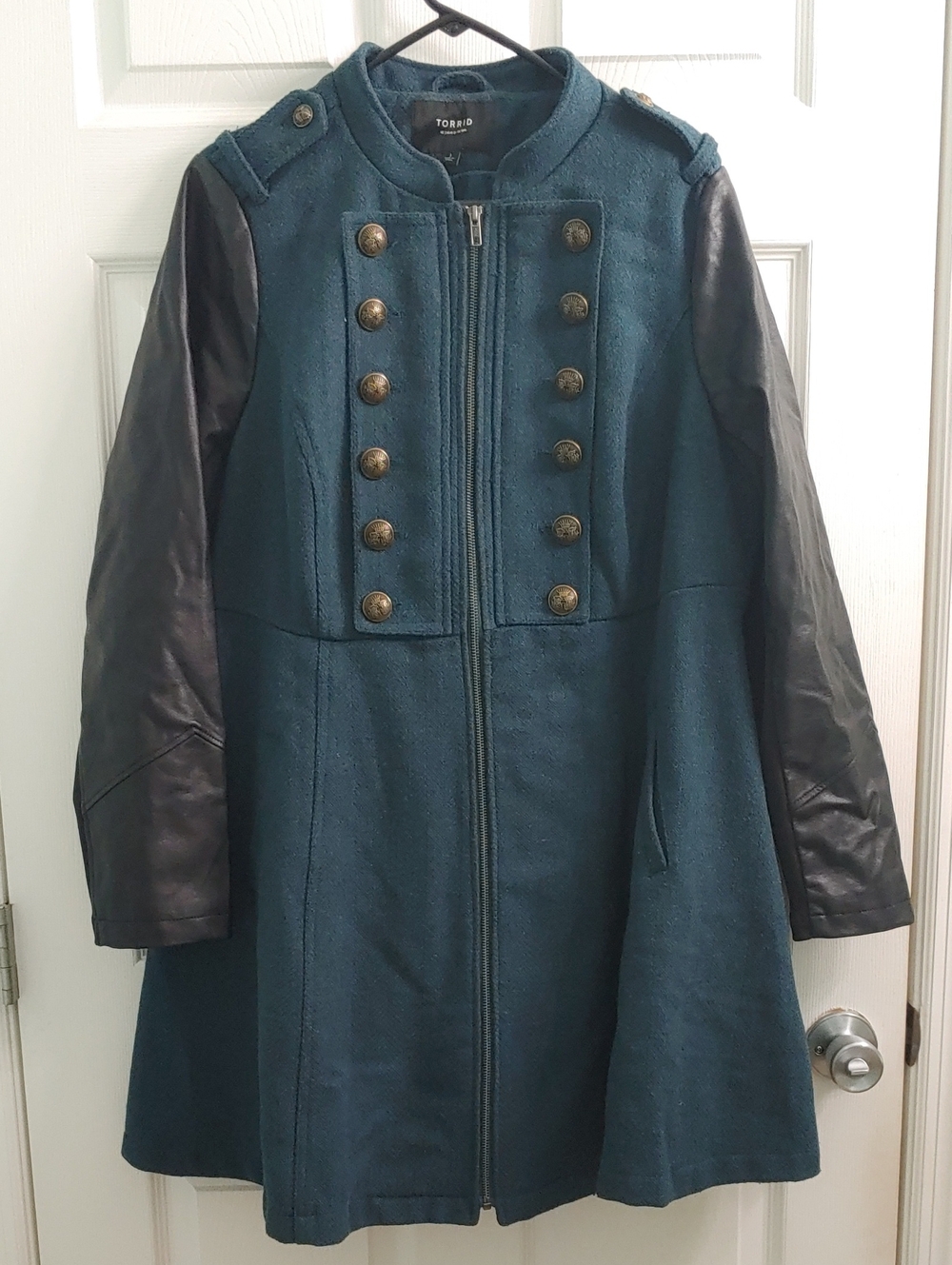 Torrid Teal Military Coat Women's Faux Leather Sleeve Peacoat Plus Size 1X